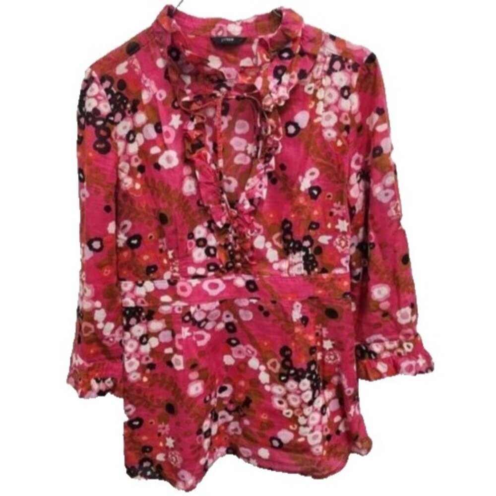 J.Crew Womens Y2K Blouse Top Small Pink Floral Ruffle 3/4 Sleeve Preppy Fairy